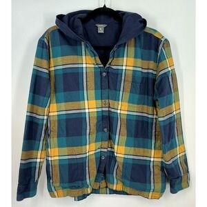 Eddie Bauer Hooded Plaid Button Up Shirt M Blue Green Grunge Gorpcore Cabincore